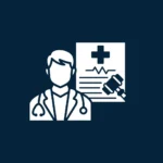 Biała ikona lekarza ze stetoskopem na tle dokumentacji medycznej i młotka sędziowskiego, symbolizująca odpowiedzialność cywilną i ubezpieczenie OC personelu medycznego.