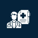 Biała ikona lekarza obok dokumentu polisy ubezpieczeniowej, symbolizująca dobrowolne ubezpieczenie OC jako dodatkową ochronę przed roszczeniami pacjentów.