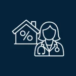 Ikona przedstawiająca lekarza ze stetoskopem obok domu z symbolem procentu, symbolizująca proces ubiegania się o kredyt hipoteczny przez lekarza rezydenta.