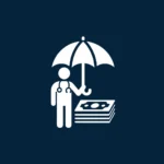 Biała wektorowa ikona lekarza trzymającego parasolkę nad pieniędzmi jako symbol ubezpieczenia od utraty dochodu PZU, na przezroczystym tle