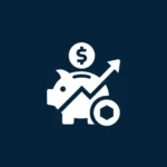 Biała ikona wektorowa na ciemnogranatowym tle, przedstawiająca świnkę skarbonkę z monetą dolara oraz dynamiczną strzałkę wzrostu. Grafika symbolizuje systematyczne budowanie oszczędności i wzrost wartości inwestycji w ramach IKE.