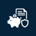 Biała ikona wektorowa na ciemnogranatowym tle, przedstawiająca symbole bezpieczeństwa finansowego. Grafika ilustruje mechanizm działania IKZE jako narzędzia łączącego coroczne ulgi w PIT z długoterminowym oszczędzaniem.